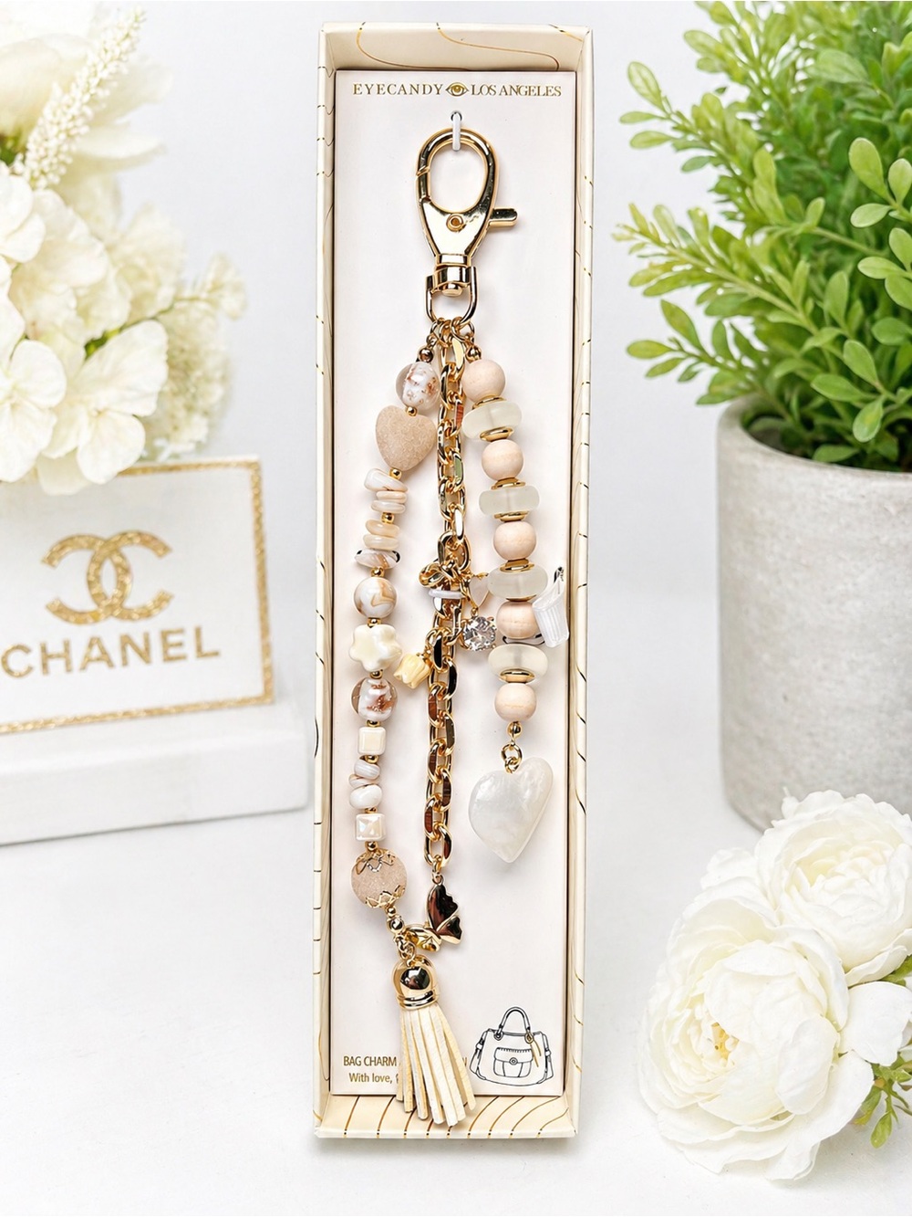 Eye Candy Beige & Gold Beaded Bag Charm